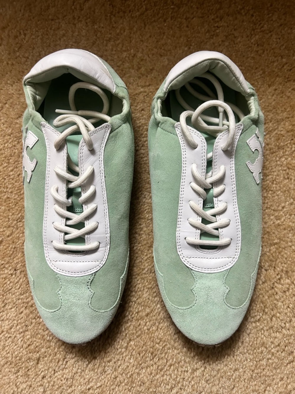 Tory Burch leather & suede mint green and white sneakers, sz 9.5